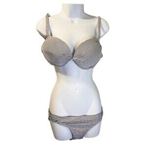Women's Striped Two Piece Lightly Lined Twist Front Top Shirred Side Bottom